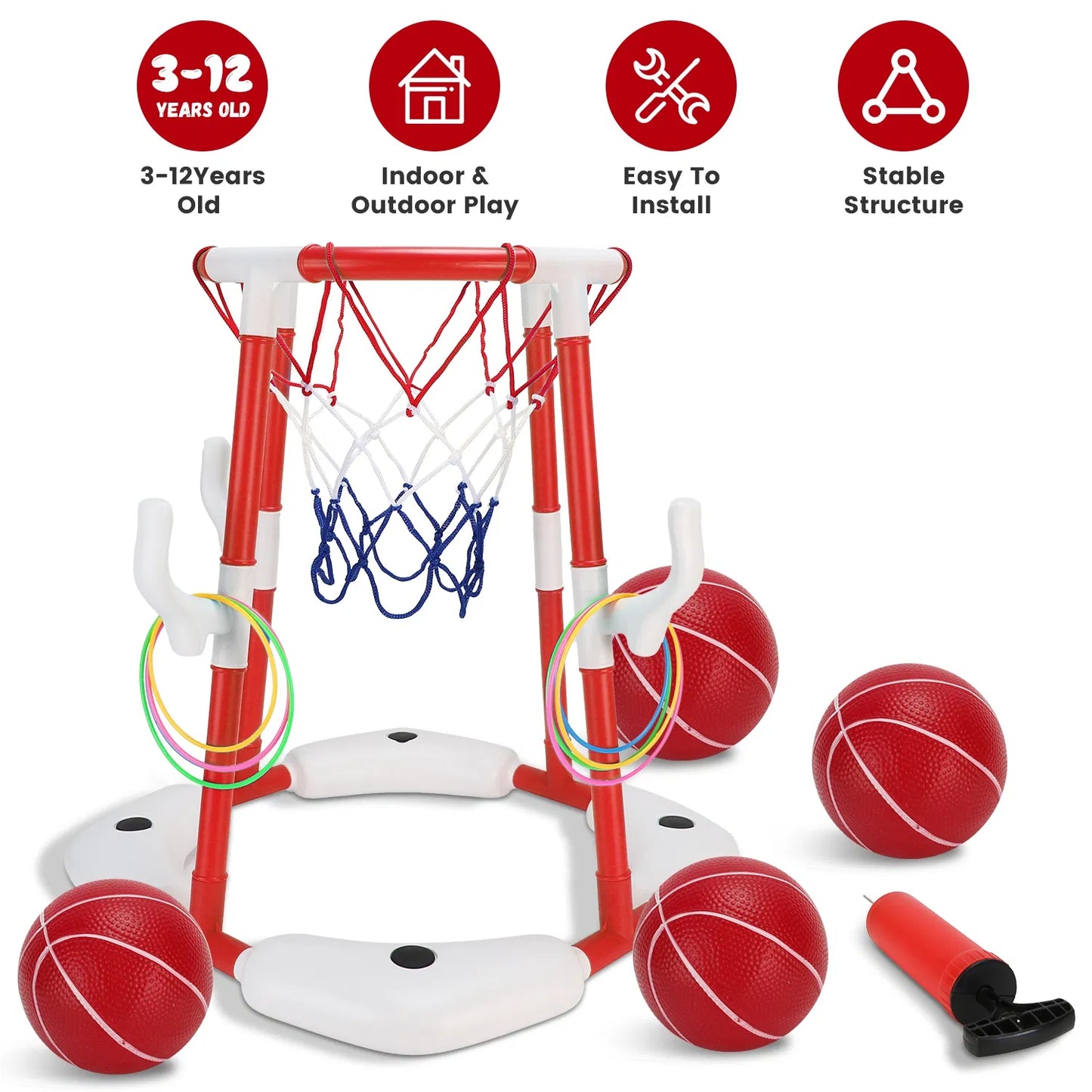 Aqua-Hoops Pro Poolside Basketball Set – Floating Hoop with 4 Basketballs & Ring Toss Game – Premium 2-in-1 Summer Water Game for Ages 3-12 & Adults