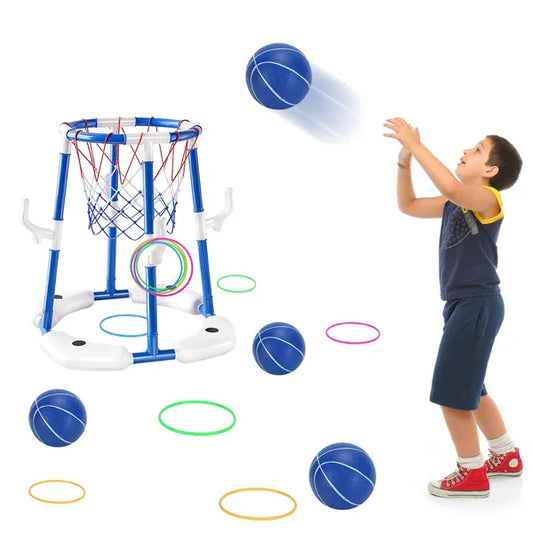 Aqua-Hoops Pro Poolside Basketball Set – Floating Hoop with 4 Basketballs & Ring Toss Game – Premium 2-in-1 Summer Water Game for Ages 3-12 & Adults