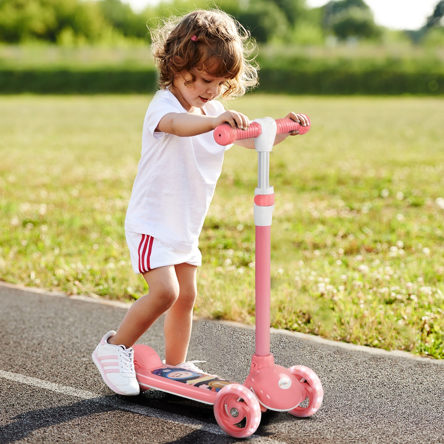 Glow-Ride 3-Wheeled Toddler Scooter – Adjustable Height with LED Wheels & Comfort TPE Grips for Ages 2-6 (Pastel Pink)