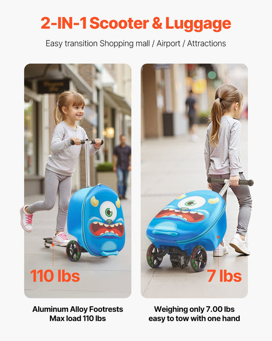 2-in-1 Kids Scooter Suitcase | 20" Ride-On Carry-On Luggage for Children | Travel Suitcase with Light-Up Wheels & Foldable Kick Scooter (Pink)