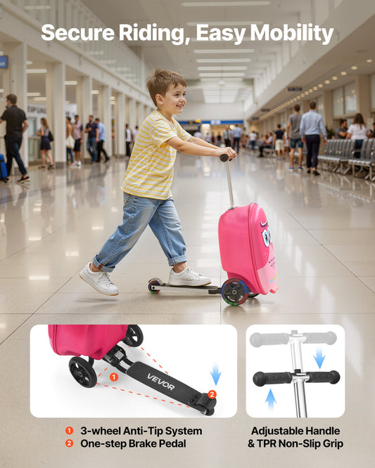 2-in-1 Kids Scooter Suitcase | 20" Ride-On Carry-On Luggage for Children | Travel Suitcase with Light-Up Wheels & Foldable Kick Scooter (Pink)