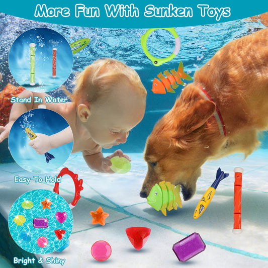 Set Of 24Pcs Diving Toys Swimming Pool Toys Swim Toys For Kids Above Aged 3 Years Old Swim Thru Rings Torpedoes Gems Volleyball Storage Bag