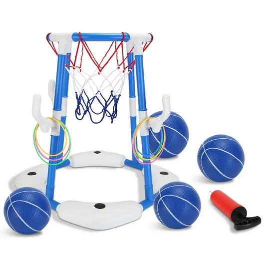 Aqua-Hoops Pro Poolside Basketball Set – Floating Hoop with 4 Basketballs & Ring Toss Game – Premium 2-in-1 Summer Water Game for Ages 3-12 & Adults