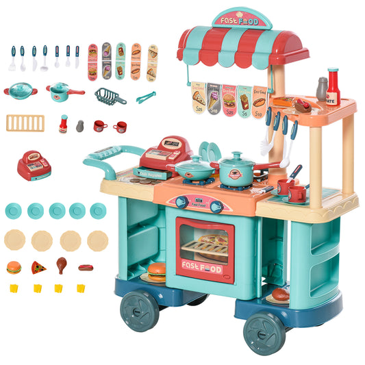 Junior Chef 50-Piece Fast Food Trolley Set – 2-in-1 Mobile Kitchen & Cashier Station – Interactive Pretend Play Food Cart for Kids Ages 3-6